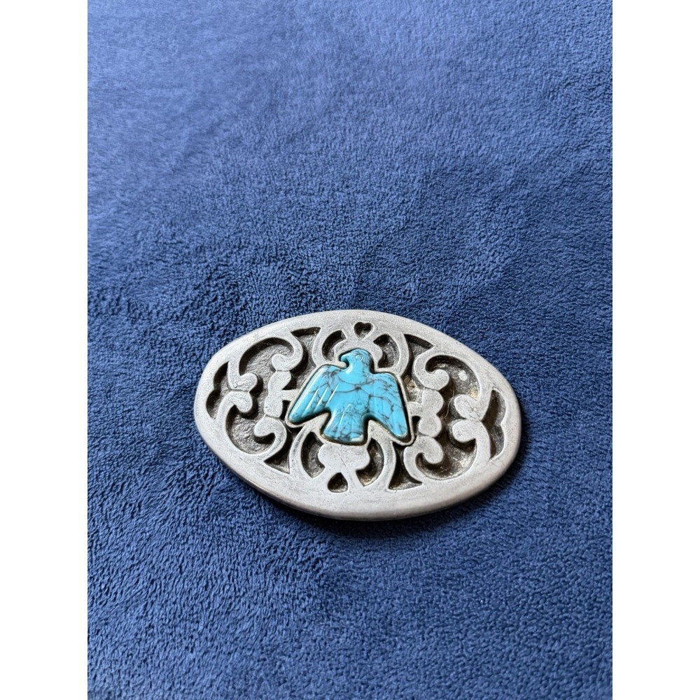 Vintage Native American Style Blue Turquoise Thunderbird Metal Belt Buckle Mens